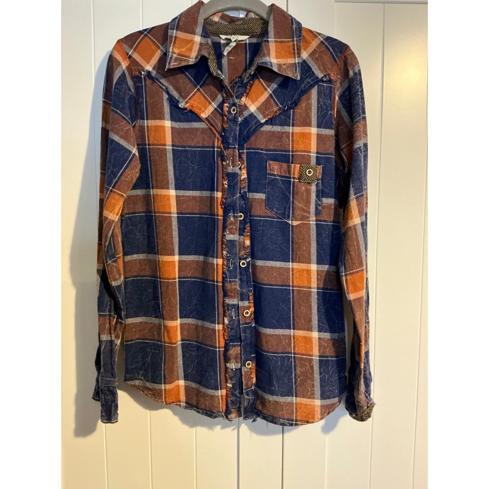 BKE Women's Plaid Button Up Shirt Embroidered Back‎ Blue Orange Size S